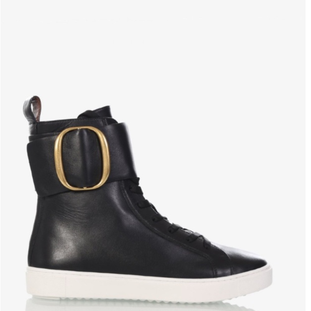 See by Chloe Black High-Top Sneakers with Gold Buckle